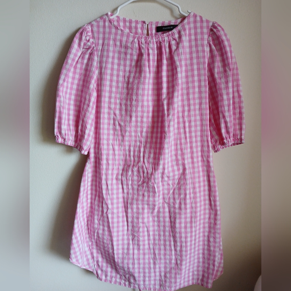 Fashion- Pink Gingham Elbow Sleeves with Wrap  Waist Front/Side Tie Dress